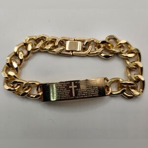 Gold Tone Curb Link ID Bracelet Lord’s Prayer Cross Religious Men’s 7.5”